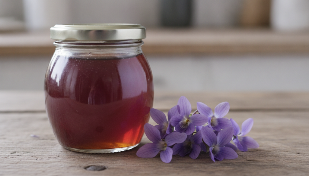 A small glass jar of homemade violet syrup amber-purple in color with fresh violet flowers placed next to it on a wooden