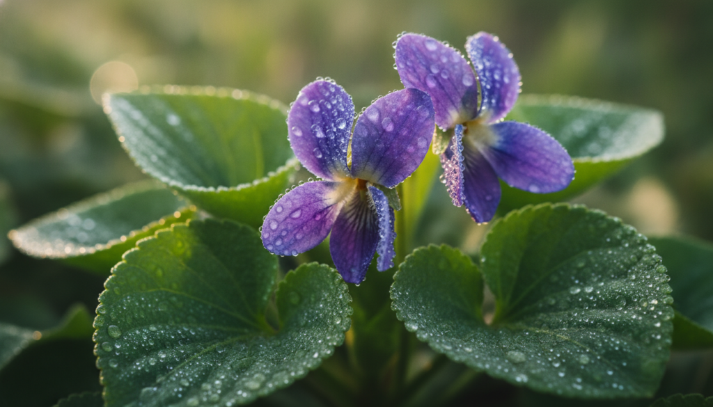 Close-up of fresh sweet violet flowers and heart-shaped leaves vibrant purple and green with morning dew