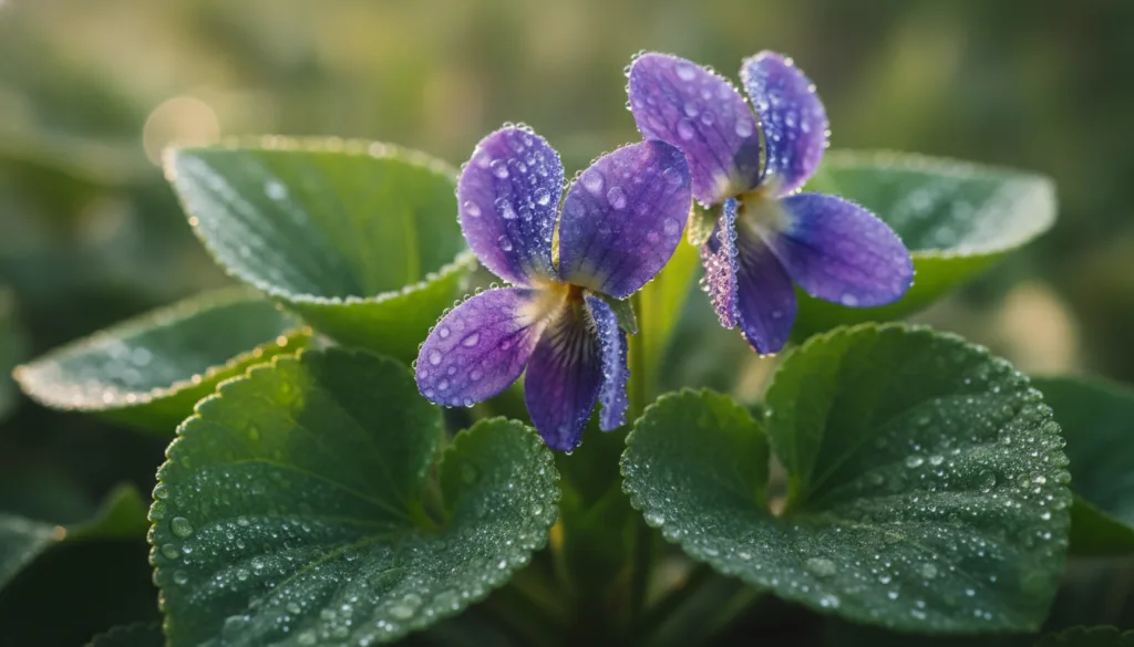 Close-up of fresh sweet violet flowers and heart-shaped leaves vibrant purple and green with morning dew