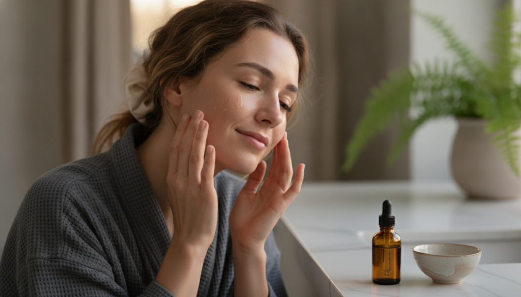 A woman gently massaging a few drops of oil onto her clean face and neck in the evening with a soft warm glow