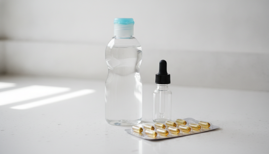 Ingredients for the DIY skin oil a bottle of baby oil and a blister pack of vitamin E capsules next to a small empty dro