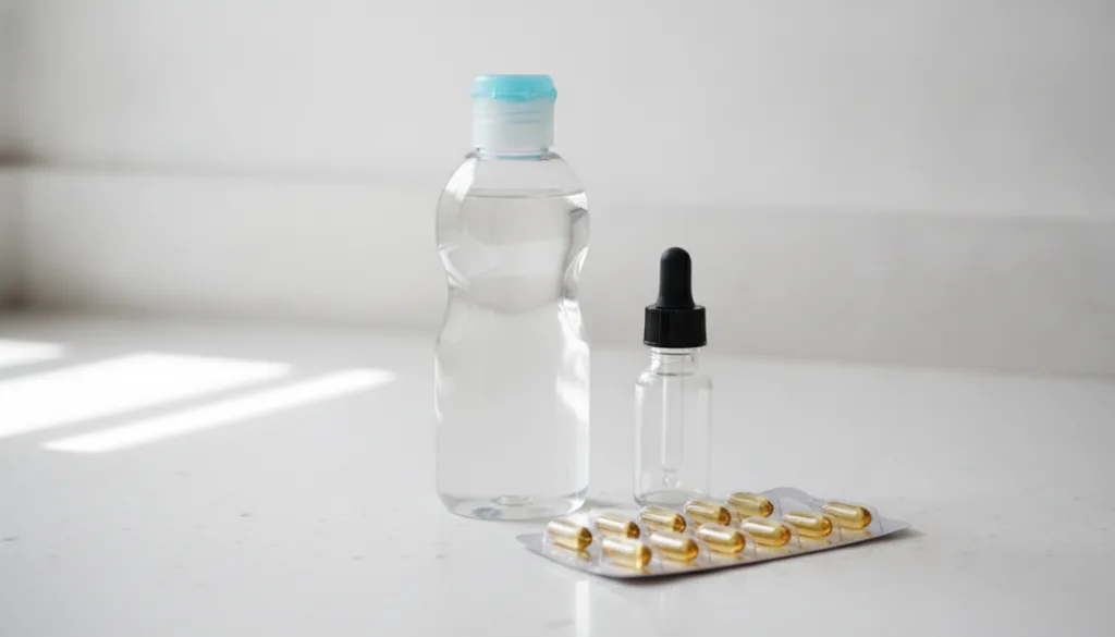 Ingredients for the DIY skin oil a bottle of baby oil and a blister pack of vitamin E capsules next to a small empty dro