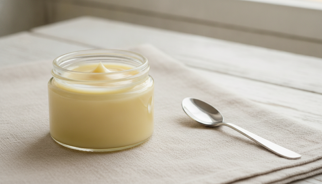 A small clear glass jar filled with a freshly mixed pale yellow Vaseline-based balm The balm has a smooth creamy texture