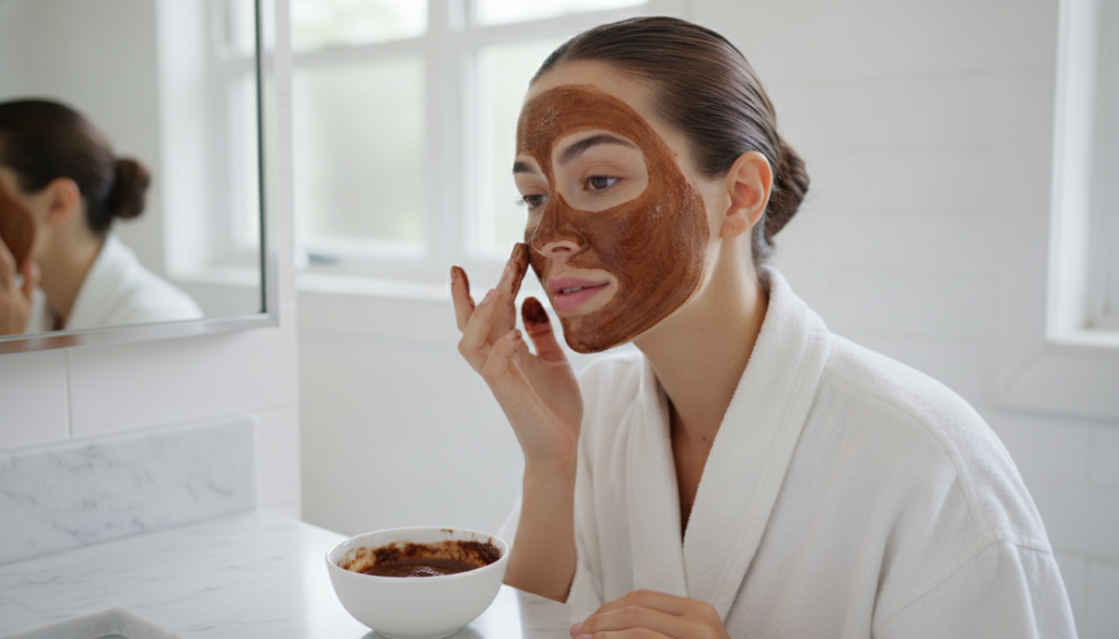 A woman gently applying the coffee and baby oil mask to her cheek demonstrating careful application with her hair pulled