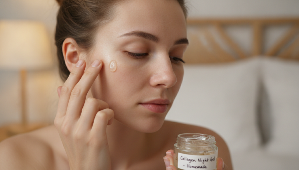 A woman gently applying a small amount of the homemade Collagen Night Gel to her face before bed