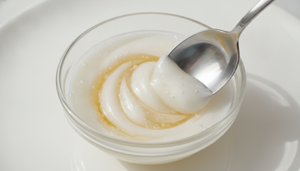 A close-up of a small glass bowl with Vaseline baby oil and white powder being mixed with a spoon to form a smooth gel