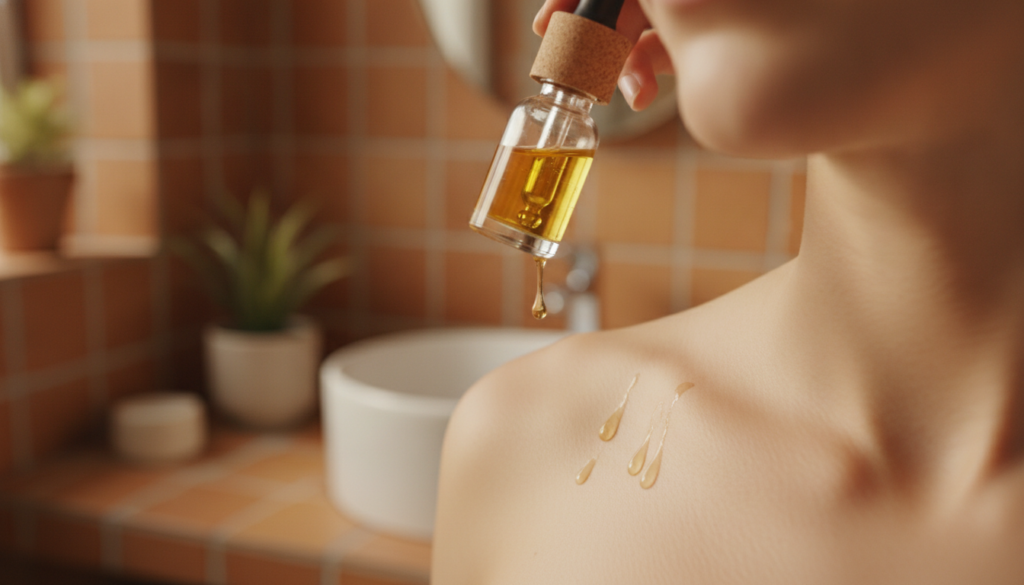 A person s hand gently applying a few drops of infused oil onto their face demonstrating a natural skincare routine