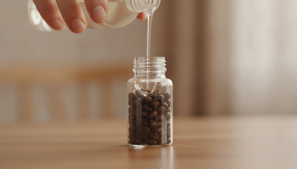 Close-up of a hand pouring baby oil into a small glass vial containing coffee beans ready for infusion