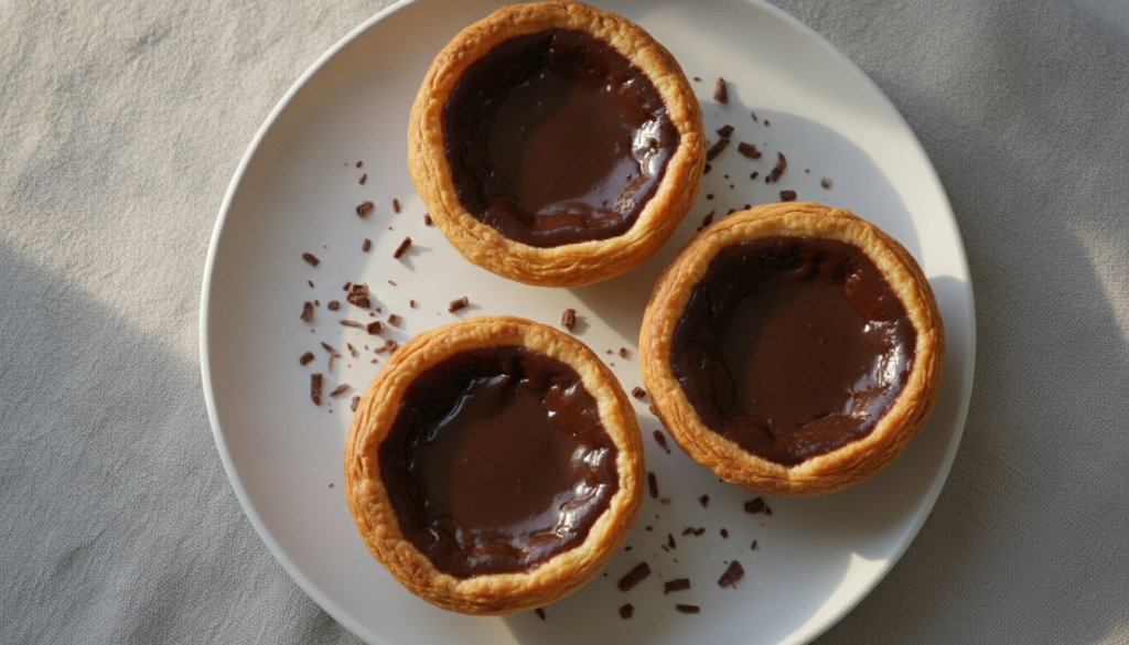 Three chocolate egg tarts with a dark glossy chocolate custard filling in flaky shells on a white plate possibly garnish