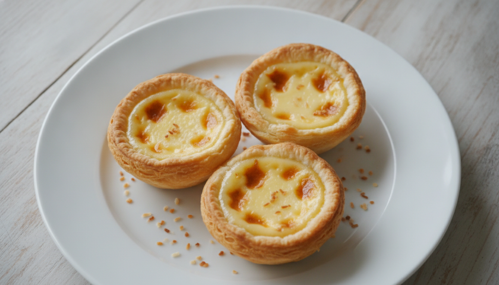 Three coconut egg tarts with a creamy pale yellow filling and possibly a sprinkle of toasted coconut flakes on a white p