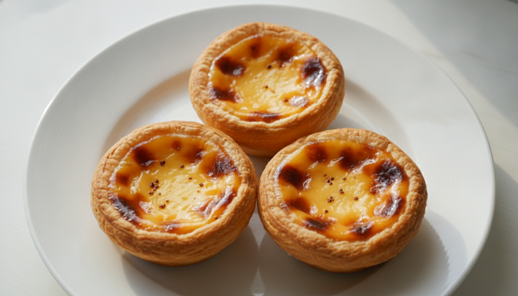 Three classic egg tarts with golden-brown tops and flaky pastry shells on a white ceramic plate seen from a top-down ang