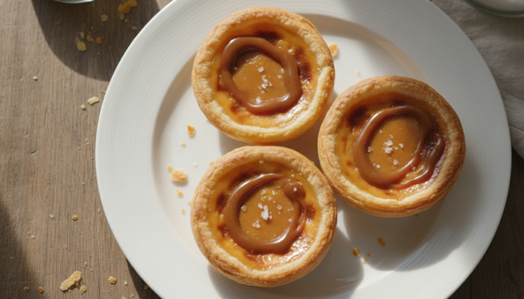 Three salted caramel egg tarts with a light brown glossy custard and a swirl of caramel on top on a white plate