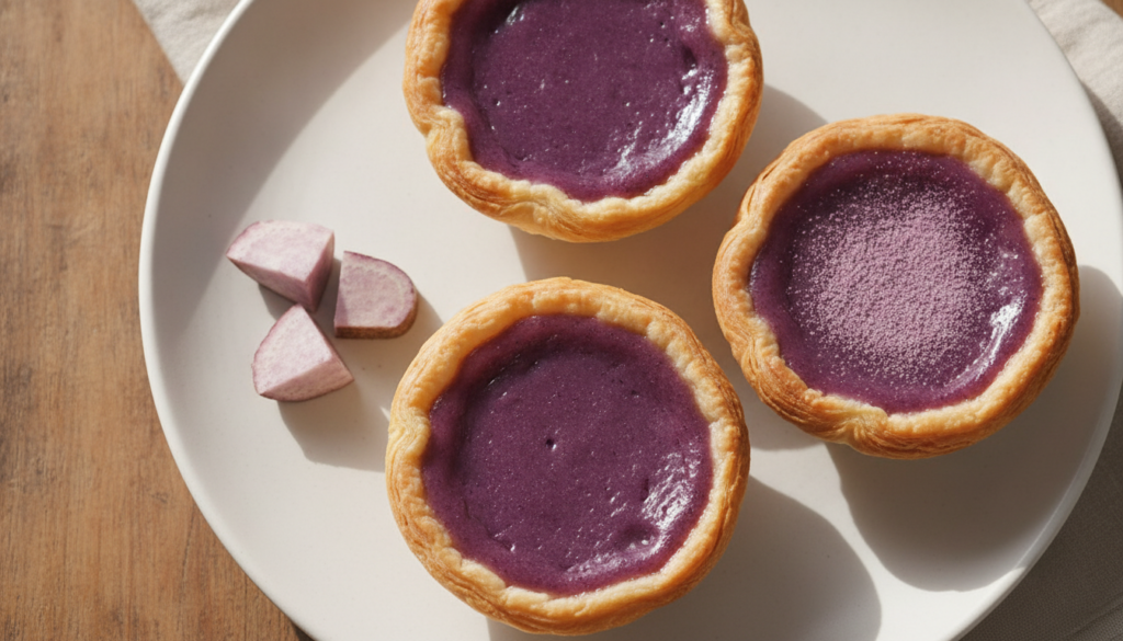 Three ube egg tarts with a distinctive purple custard filling in flaky shells on a white plate