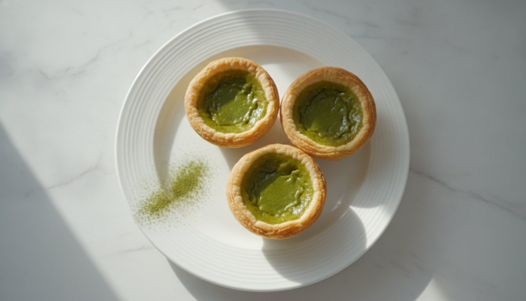 Three matcha egg tarts with a distinct green custard filling in flaky shells on a white plate possibly with a light dust