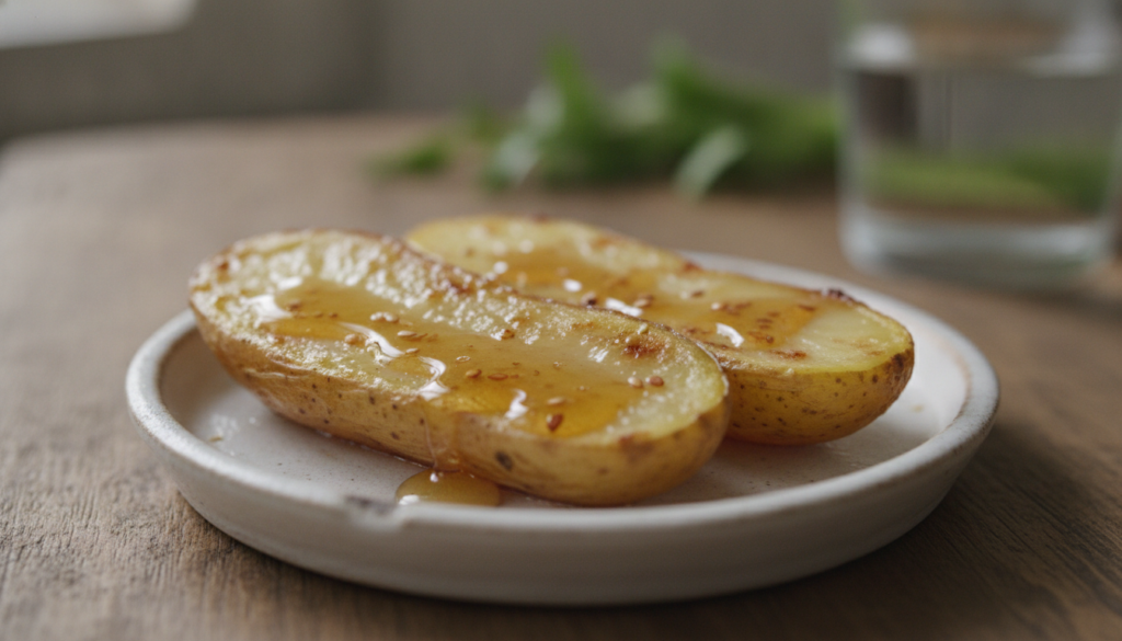Close-up of thin potato slices with honey spread on them ready for use
