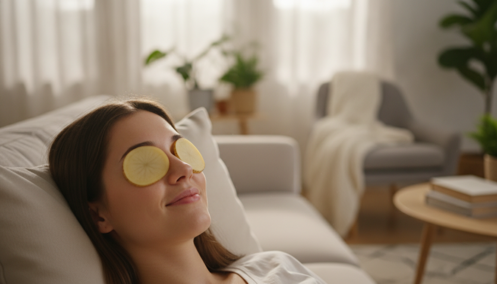 A person relaxing with potato and honey slices under their eyes in a serene home environment