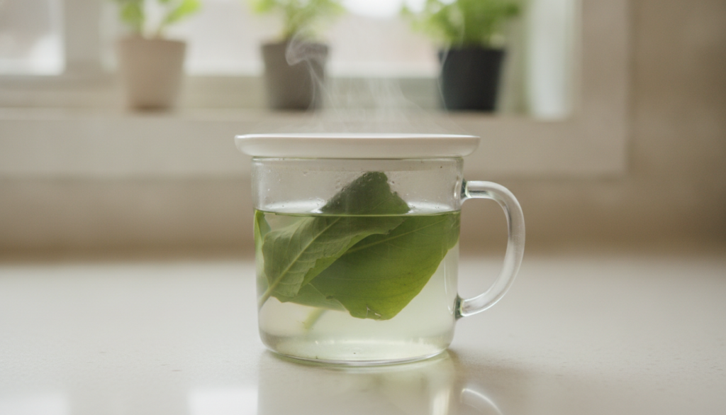 Close-up of fresh plantain leaves being steeped in a glass mug of hot water covered with a small plate on a clean kitche