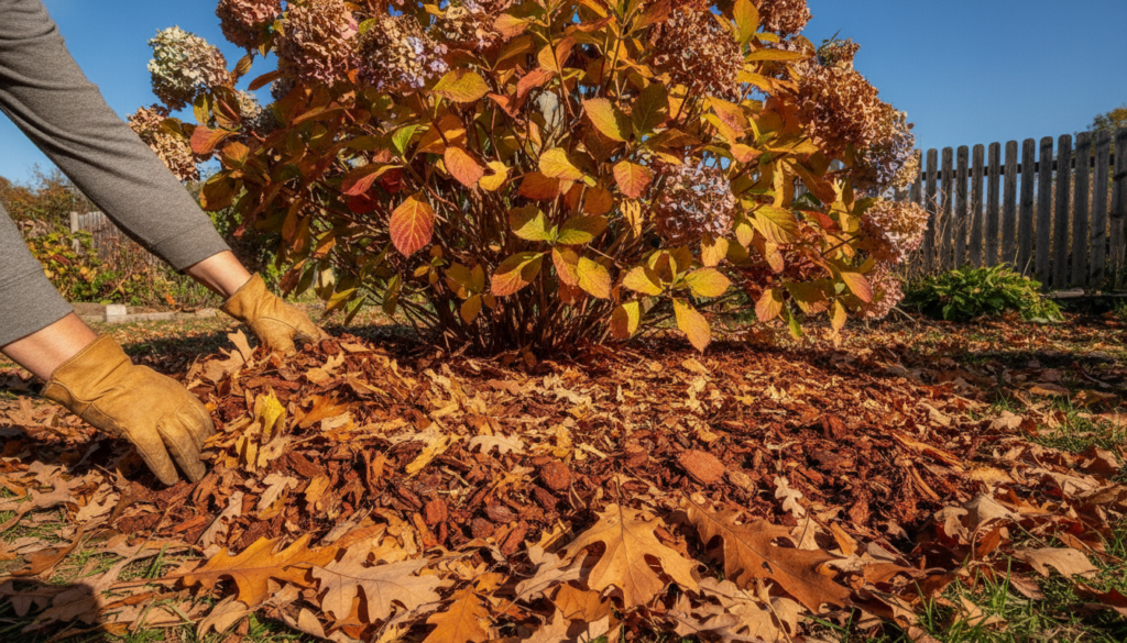 A gardener applying a thick layer of organic mulch around the base of a hydrangea plant in autumn with fallen leaves and