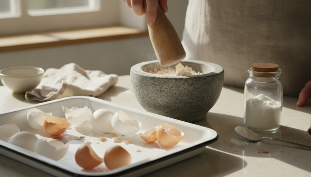 Step-by-step imagery of preparing eggshell powder washing eggshells drying them on a baking sheet and grinding them into