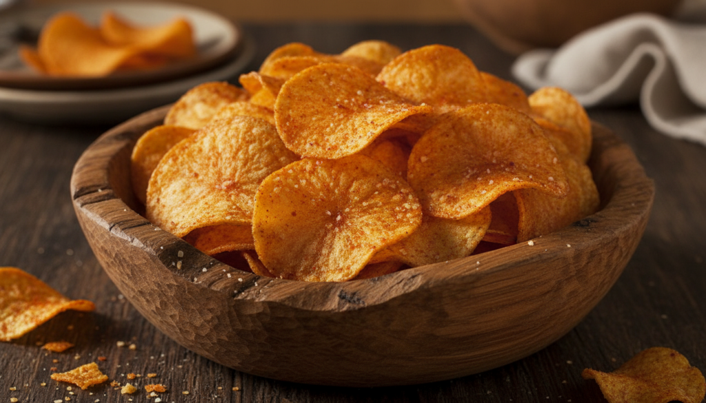 Thinly sliced potato chips seasoned with red paprika and garlic powder baked to a golden crisp presented in a rustic woo