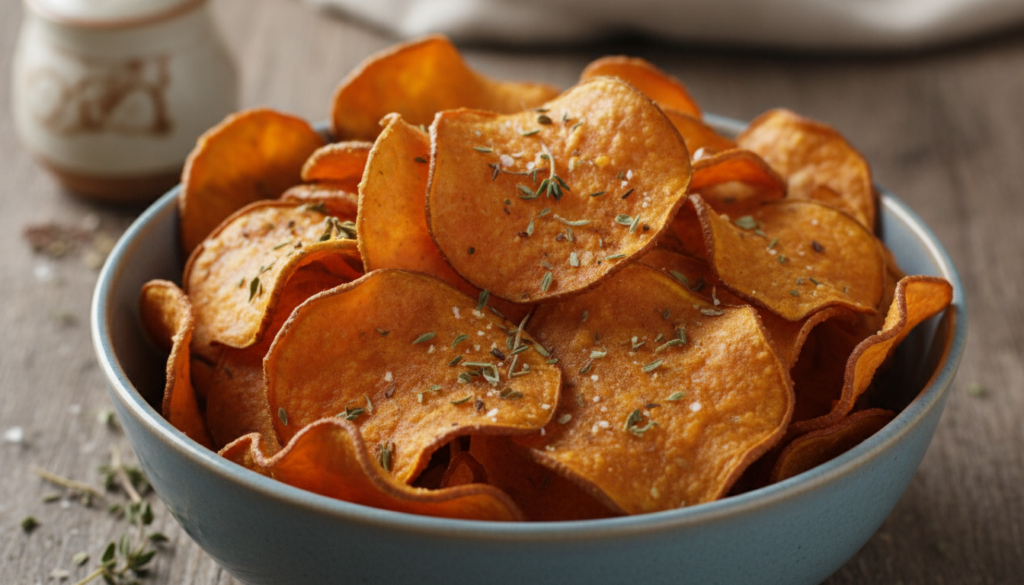 Baked sweet potato chips seasoned with dried oregano thyme and garlic powder piled in a light blue ceramic bowl
