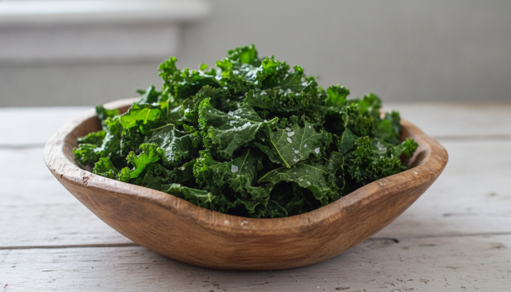 A pile of vibrant green crispy baked kale chips seasoned with salt served in a rustic wooden bowl on a light background