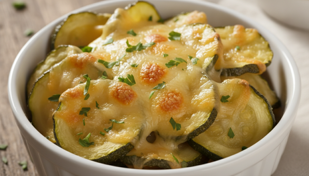 Golden-brown baked zucchini chips topped with melted Parmesan cheese and a sprinkle of fresh parsley served in a small w