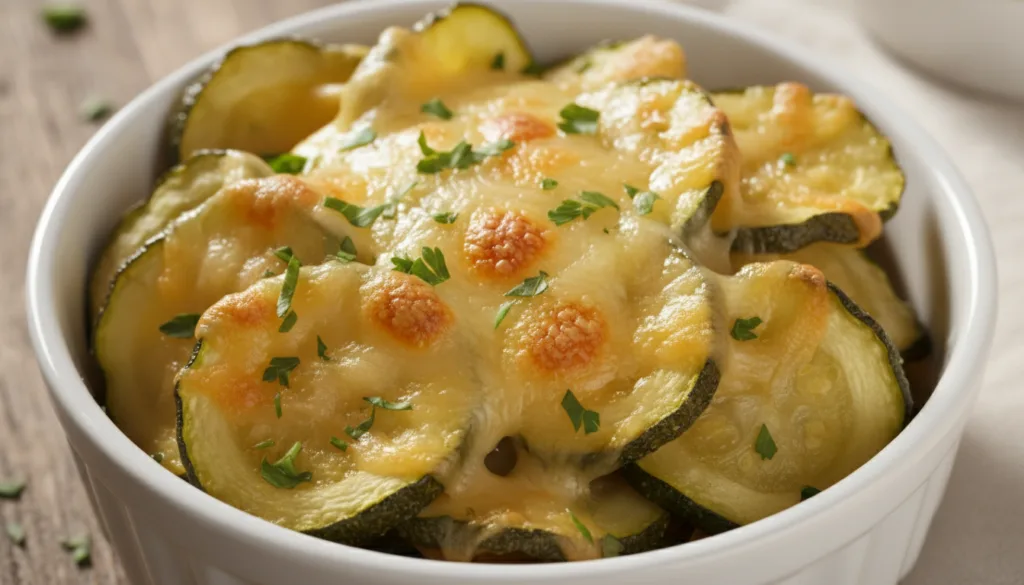 Golden-brown baked zucchini chips topped with melted Parmesan cheese and a sprinkle of fresh parsley served in a small w