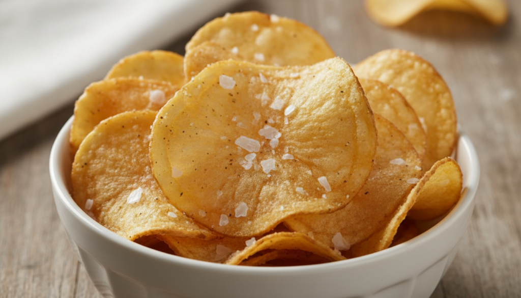 Crispy thinly sliced baked potato chips with visible salt crystals tossed with vinegar flavor presented in a small white