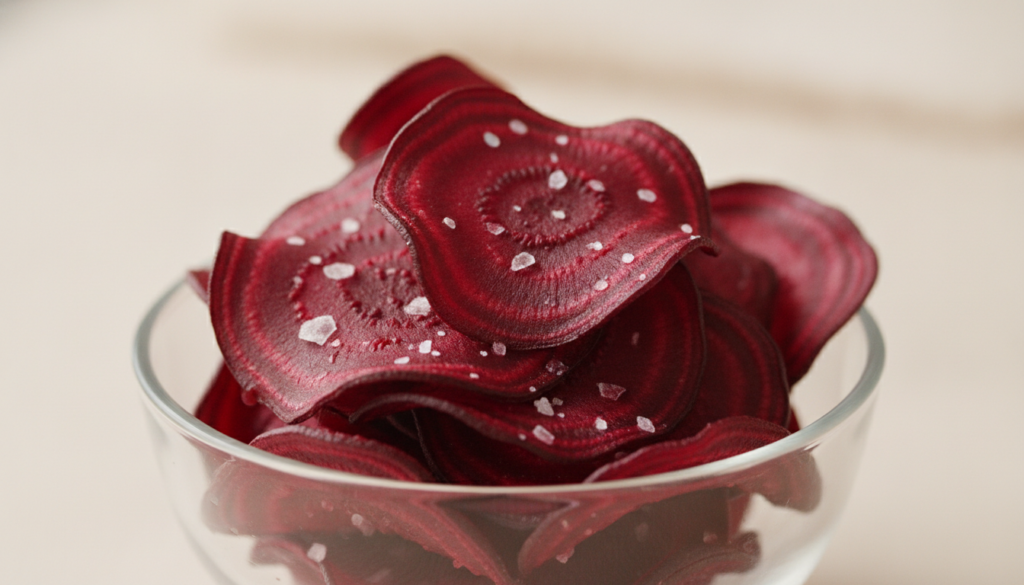Bright crimson baked beetroot chips with visible sea salt crystals piled elegantly in a small clear glass bowl against a