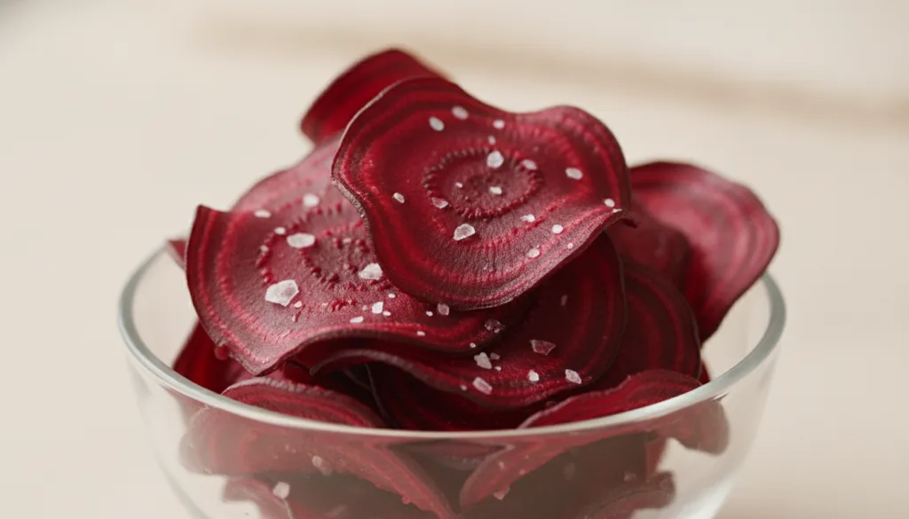 Bright crimson baked beetroot chips with visible sea salt crystals piled elegantly in a small clear glass bowl against a