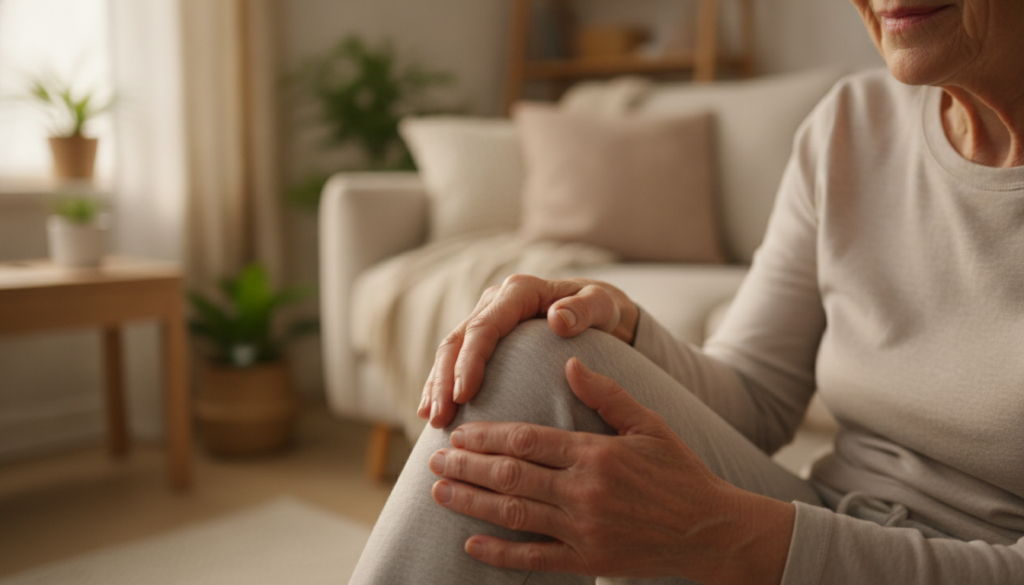 A person gently touching their knee illustrating joint comfort and mobility with a soft warm background suggesting natur