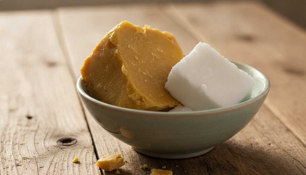 A block of unrefined shea butter next to a bowl of coconut oil with a spoon on a rustic wooden surface highlighting natu