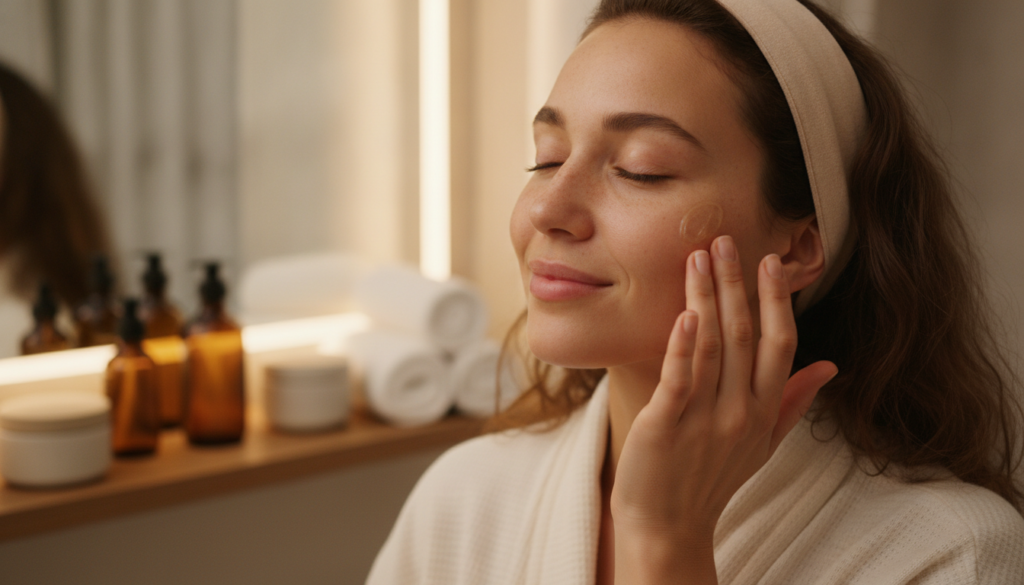 A woman gently applying a homemade gel to her face before bed with soft warm lighting Natural ingredients like aloe vera