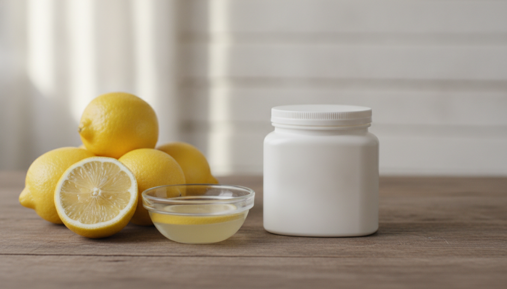 A jar of Vaseline petroleum jelly alongside fresh lemons and perhaps a small mixing bowl or spoon on a clean bright surf