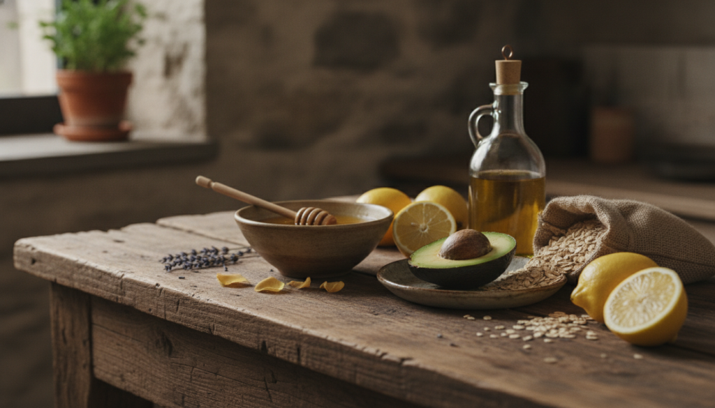 A collection of fresh natural ingredients on a rustic kitchen counter such as honey olive oil a lemon an avocado and a s