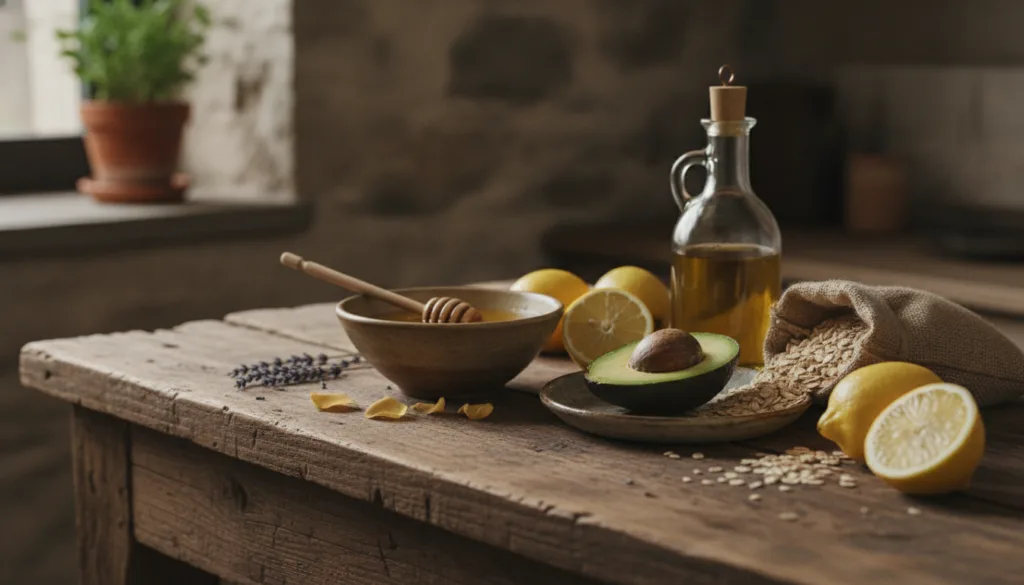 A collection of fresh natural ingredients on a rustic kitchen counter such as honey olive oil a lemon an avocado and a s