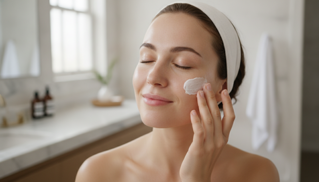 A woman gently applying a small amount of the homemade collagen cream to her face focusing on her cheek or forehead Her 
