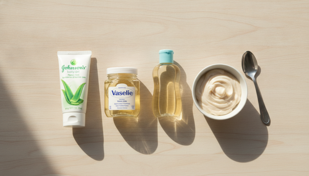 A flat lay of ingredients for a DIY collagen cream a jar of Vaseline a bottle of Johnson s baby oil a tube of aloe vera 