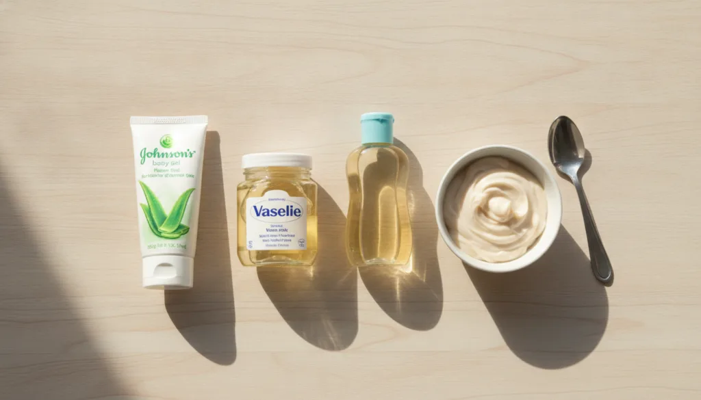 A flat lay of ingredients for a DIY collagen cream a jar of Vaseline a bottle of Johnson s baby oil a tube of aloe vera 