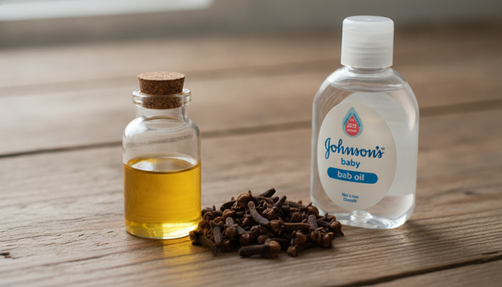 A close-up shot of a small glass bottle filled with a golden oil next to a pile of dried cloves and a bottle of Johnson 