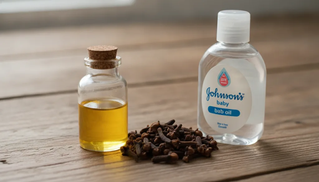 A close-up shot of a small glass bottle filled with a golden oil next to a pile of dried cloves and a bottle of Johnson 
