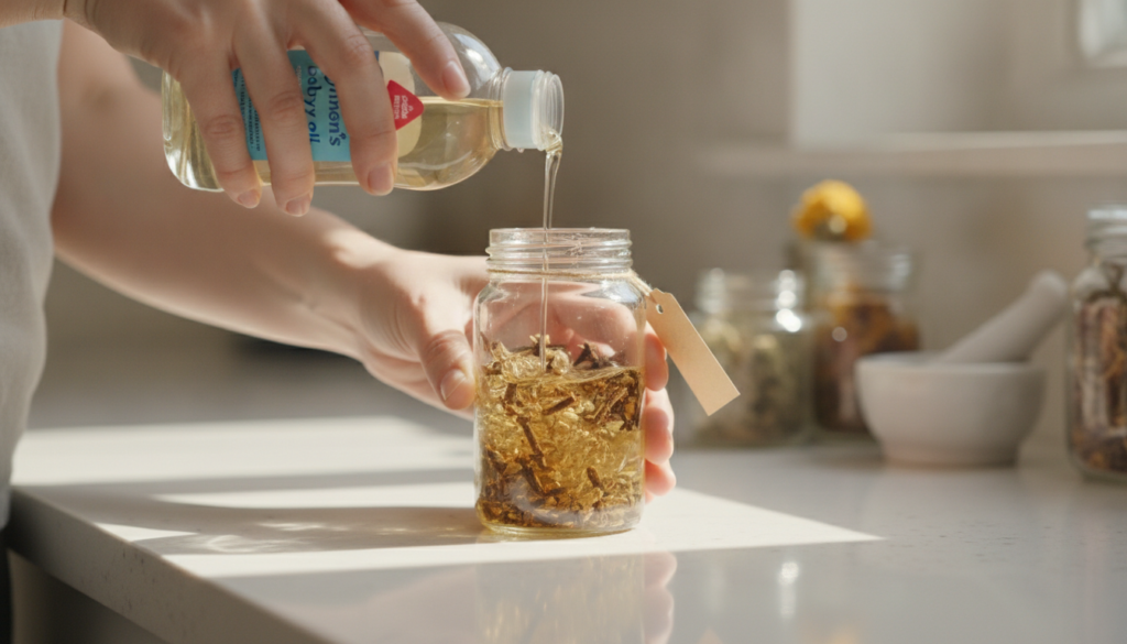 A person s hands gently pouring Johnson s baby oil over whole cloves in a small glass jar showing the DIY process with n