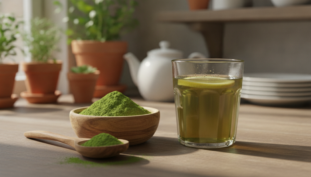 A close-up of vibrant green Moringa powder in a small wooden bowl with a wooden spoon next to a glass of green Moringa t