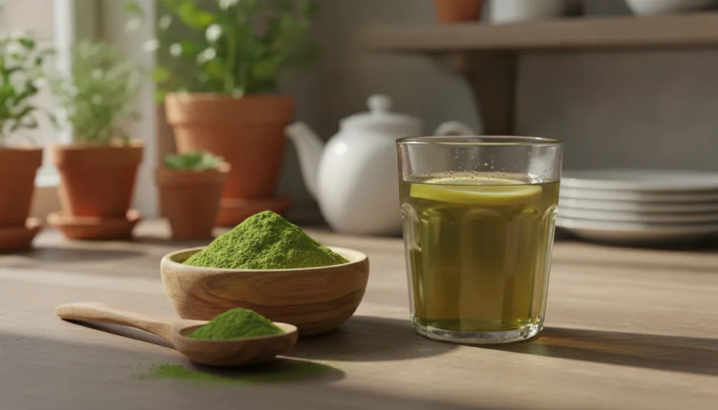 A close-up of vibrant green Moringa powder in a small wooden bowl with a wooden spoon next to a glass of green Moringa t