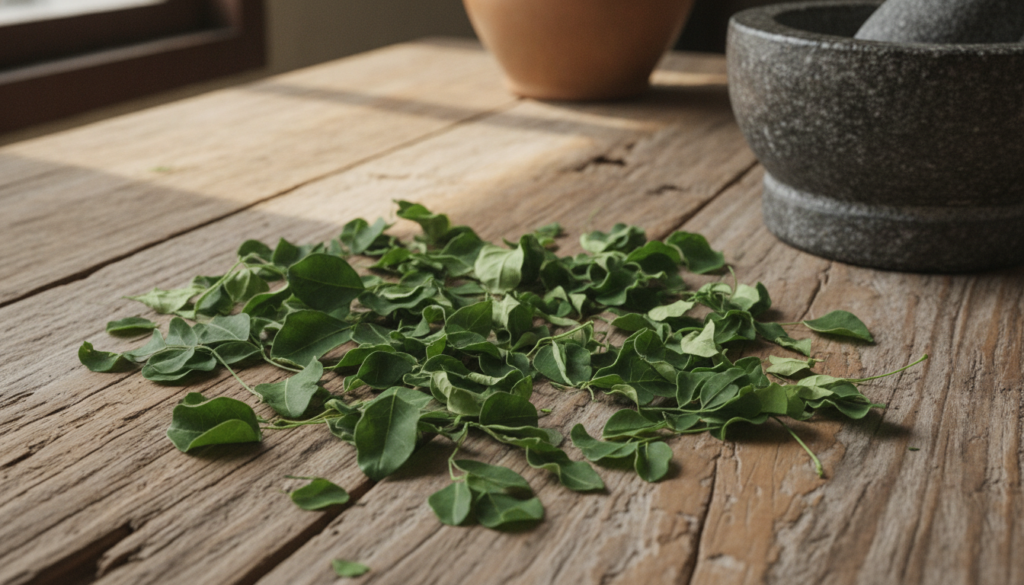 A close-up of dried Moringa leaves ready for grinding into powder emphasizing the raw material before processing with a 