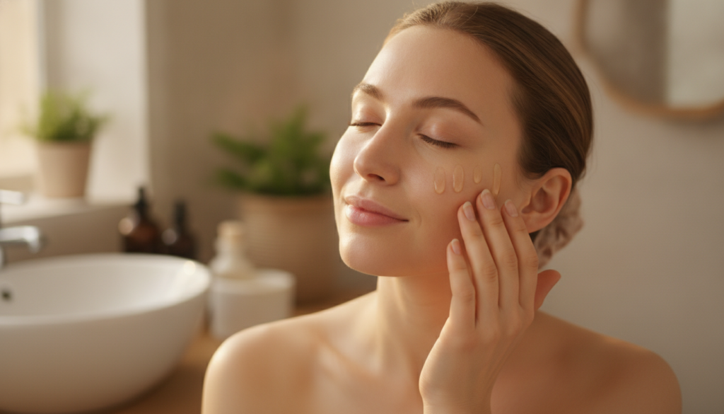 A woman gently massaging a few drops of an infused oil into her cheek showing a patch test or light application
