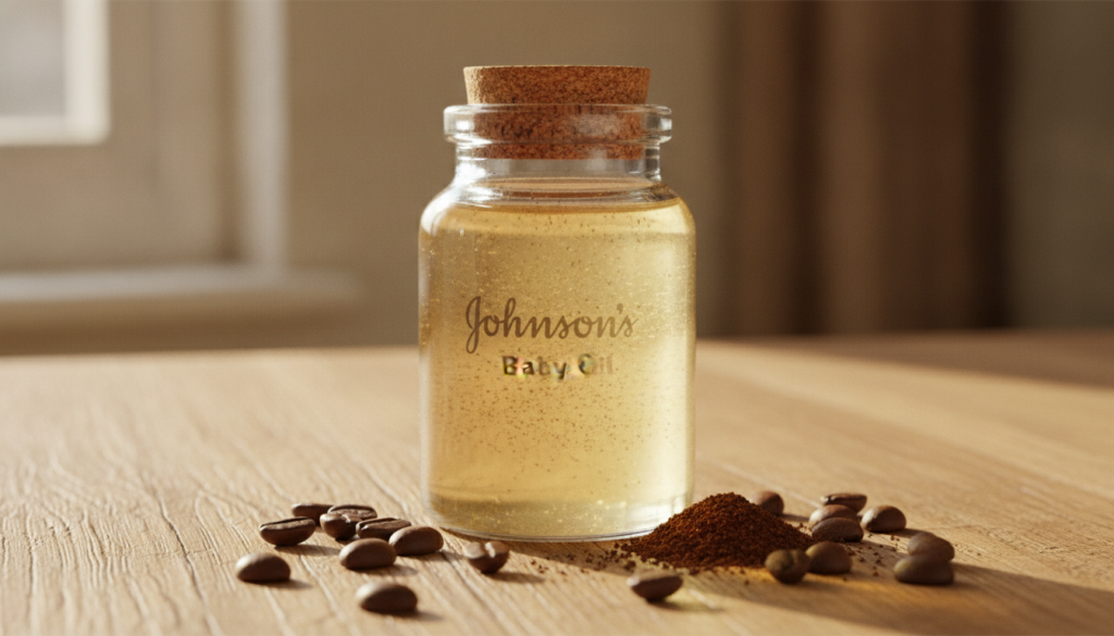 Close-up of a small glass jar containing Johnson s Baby Oil infused with ground coffee with coffee beans scattered aroun