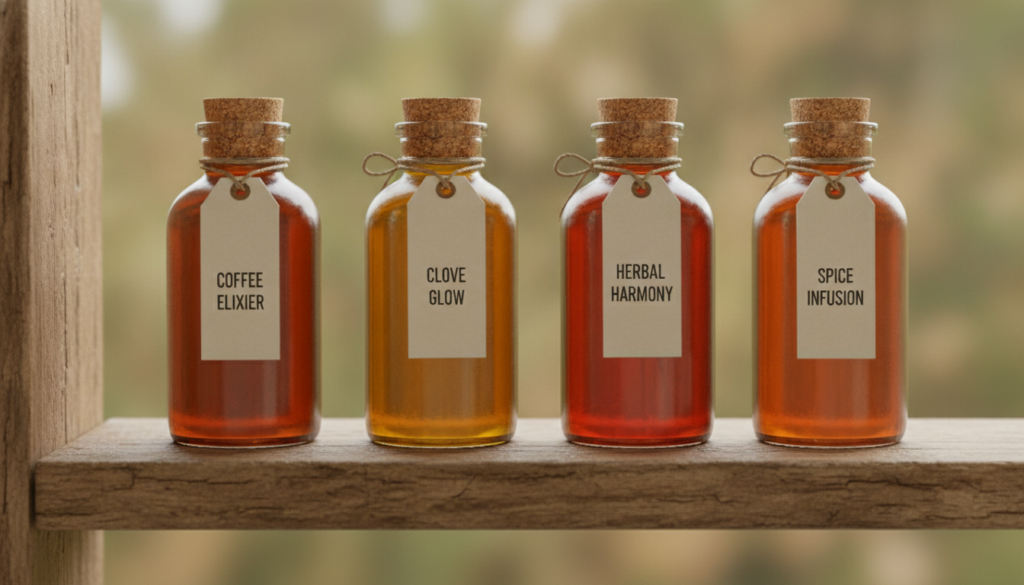 A small collection of infused oil bottles with various labels coffee clove aloe vera turmeric lined up on a rustic woode