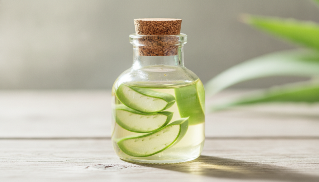 Close-up of a small glass bottle with baby oil and fresh aloe vera slices infusing The bottle is corked sitting on a woo